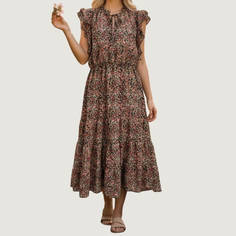 BB Dakota (Dress) (M) [Multicolor] GOOD Floral Ruffle Tiered Midi Dress